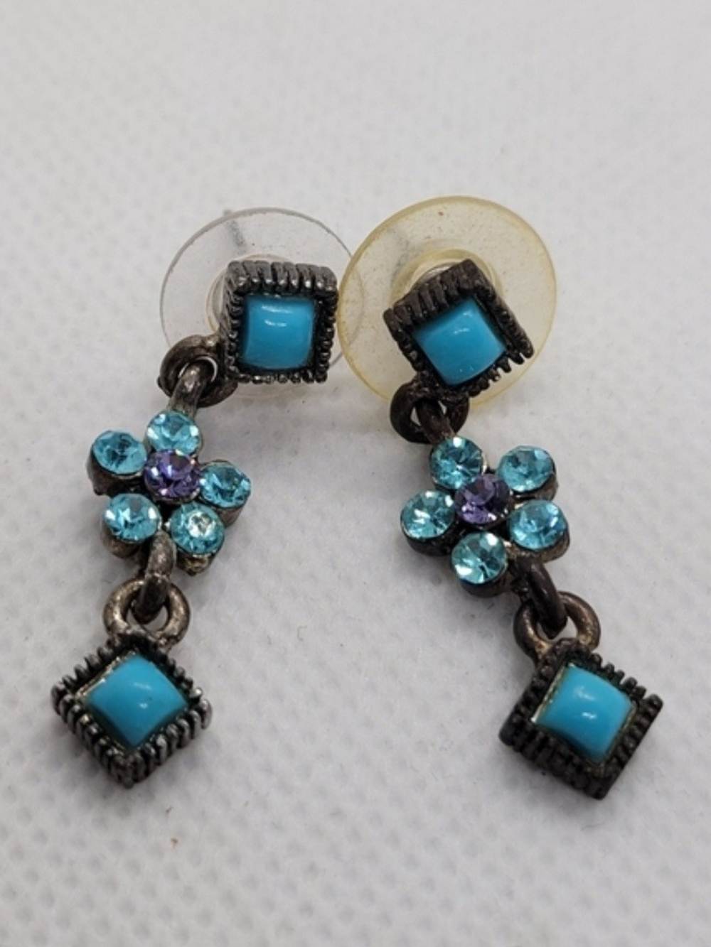 Vintage Rhinestone and Faux Turquoise Blossom Dangle Earrings